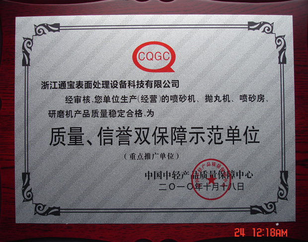 質(zhì)量、信譽(yù)雙保險(xiǎn)示范型企業(yè)證書